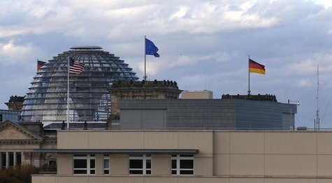 The U.S. embassy is pictured next to the Reichstag building, seat of the German lower house of parliament Bundestag, in Berlin October 28, 2 The U.S. embassy is pictured next to the Reichstag building, seat of the German lower house of parliament Bundestag, in Berlin October 28, 2