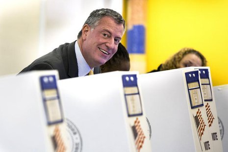 Democratic candidate for mayor of New York Bill de Blasio smiles while casting his vote in New York November 5, 2013. REUTERS/Lucas Jackson Democratic candidate for mayor of New York Bill de Blasio smiles while casting his vote in New York November 5, 2013. REUTERS/Lucas Jackson