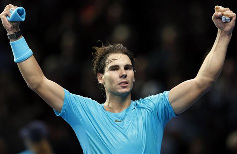 Rafael Nadal of Spain celebrates after winning his men's singles tennis match against Stanislas Wawrinka of Switzerland at the ATP World Tou Rafael Nadal of Spain celebrates after winning his men's singles tennis match against Stanislas Wawrinka of Switzerland at the ATP World Tou