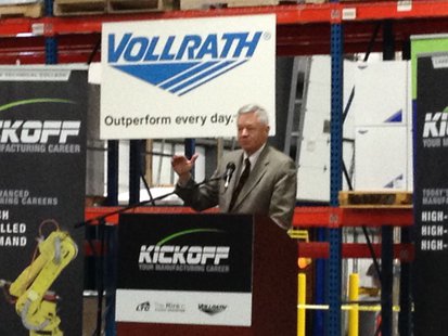 Congressman Tom Petri speaks at Vollrath to help promote efforts to increase the number of manufacturing employees. Congressman Tom Petri speaks at Vollrath to help promote efforts to increase the number of manufacturing employees.