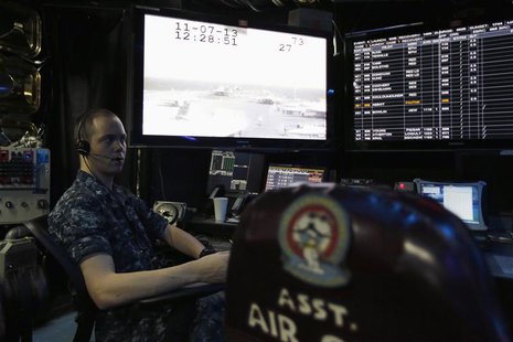 A U.S. Navy personnel works in the control room of the U.S. Navy aircraft carrier USS George Washington, during a tour of the ship in the So A U.S. Navy personnel works in the control room of the U.S. Navy aircraft carrier USS George Washington, during a tour of the ship in the So