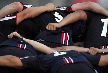 Hong Kong players form a scrum during their HSBC Asian 5 Nations rugby match against South Korea in Hong Kong April 24, 2010. REUTERS/Bobby Hong Kong players form a scrum during their HSBC Asian 5 Nations rugby match against South Korea in Hong Kong April 24, 2010. REUTERS/Bobby