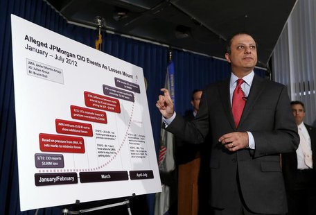 U.S. Attorney for the Southern District of New York Preet Bharara points to a chart during a news conference announcing the unsealing of cha U.S. Attorney for the Southern District of New York Preet Bharara points to a chart during a news conference announcing the unsealing of cha