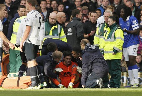 Tottenham Hotspur's goalkeeper Hugo Lloris (C) is attended to by medical staff after being involved in a collision with Everton's Romalu Luk Tottenham Hotspur's goalkeeper Hugo Lloris (C) is attended to by medical staff after being involved in a collision with Everton's Romalu Luk