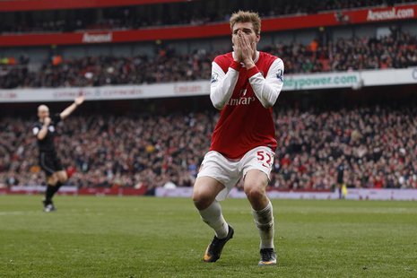 Arsenal's Niklas Bendtner reacts during their English Premier League soccer match against Sunderland at Emirates Stadium in London March 5, Arsenal's Niklas Bendtner reacts during their English Premier League soccer match against Sunderland at Emirates Stadium in London March 5,
