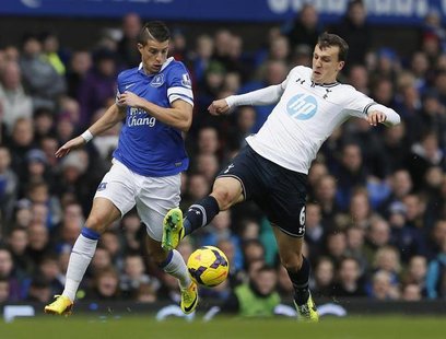 Tottenham Hotspur's Vlad Chiriches (R) challenges Everton's Kevin Mirallas during their English Premier League soccer match at Goodison Park Tottenham Hotspur's Vlad Chiriches (R) challenges Everton's Kevin Mirallas during their English Premier League soccer match at Goodison Park