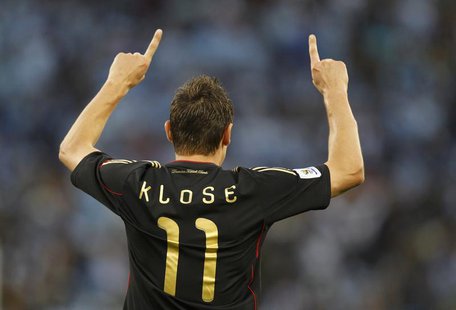 Germany's Miroslav Klose celebrates his goal during the 2010 World Cup quarter-final soccer match against Argentina at Green Point stadium i Germany's Miroslav Klose celebrates his goal during the 2010 World Cup quarter-final soccer match against Argentina at Green Point stadium i