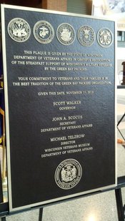 Plaque presented to Green Bay Packers organization for dedication to veterans. (Photo by: WTAQ Reporter Jeff Flynt) Plaque presented to Green Bay Packers organization for dedication to veterans. (Photo by: WTAQ Reporter Jeff Flynt)
