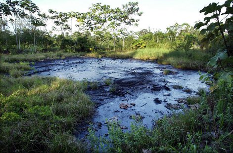 A waste pit filled with crude oil left by Texaco drilling operations years earlier lies in a jungle clearing near the Amazonian town of Sach A waste pit filled with crude oil left by Texaco drilling operations years earlier lies in a jungle clearing near the Amazonian town of Sach