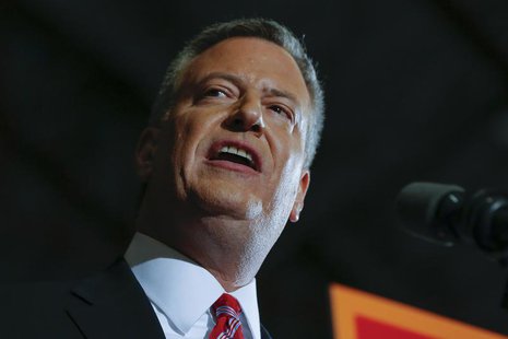 Liberal Democrat Bill de Blasio speaks during his election victory party at the Park Slope Armory in New York November 5, 2013. REUTERS/Shan Liberal Democrat Bill de Blasio speaks during his election victory party at the Park Slope Armory in New York November 5, 2013. REUTERS/Shan