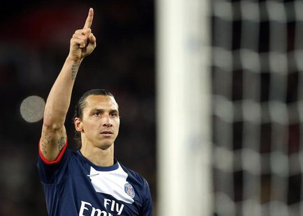 Paris St Germain's Zlatan Ibrahimovic celebrates after scoring against Nice during his French Ligue 1 soccer match at the Parc des Princes S Paris St Germain's Zlatan Ibrahimovic celebrates after scoring against Nice during his French Ligue 1 soccer match at the Parc des Princes S