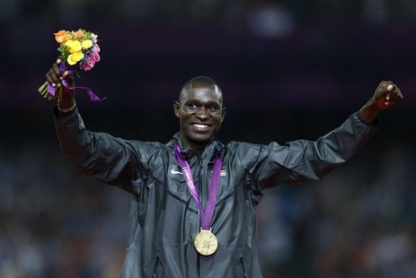 Gold medallist David Lekuta Rudisha of Kenya celebrates during the presentation ceremony for the men's 800m event at the London 2012 Olympic Gold medallist David Lekuta Rudisha of Kenya celebrates during the presentation ceremony for the men's 800m event at the London 2012 Olympic