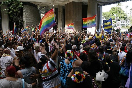 Supporters of same-sex marriage celebrate after the Hawaii State Senate approved a bill allowing same-sex marriage to be legal in the state Supporters of same-sex marriage celebrate after the Hawaii State Senate approved a bill allowing same-sex marriage to be legal in the state