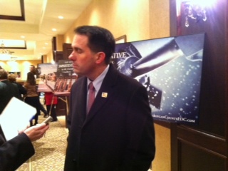 Governor Walker meets with reporters inside of the Osthoff Convention Center. Governor Walker meets with reporters inside of the Osthoff Convention Center.