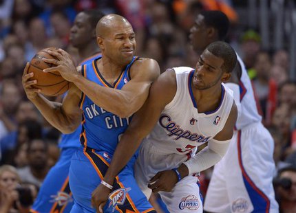 Nov 13, 2013; Los Angeles, CA, USA; Oklahoma City Thunder guard Derek Fisher (2) is defended by Los Angeles Clippers guard Chris Paul (3) at Nov 13, 2013; Los Angeles, CA, USA; Oklahoma City Thunder guard Derek Fisher (2) is defended by Los Angeles Clippers guard Chris Paul (3) at