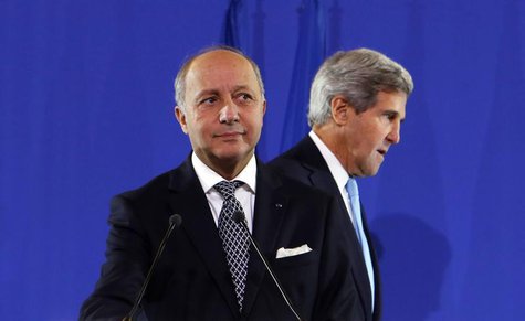 U.S. Secretary of State John Kerry (R) joins French Foreign Minister Laurent Fabius at a news conference after a meeting regarding Syria, at U.S. Secretary of State John Kerry (R) joins French Foreign Minister Laurent Fabius at a news conference after a meeting regarding Syria, at
