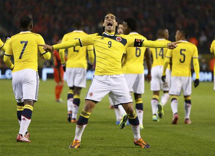 Colombia's Radamel Falcao celebrates his goal against Belgium during their international friendly soccer match at King Baudouin Stadium in B Colombia's Radamel Falcao celebrates his goal against Belgium during their international friendly soccer match at King Baudouin Stadium in B
