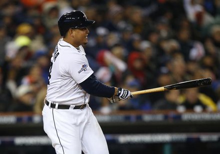 Detroit Tigers third baseman Miguel Cabrera (24) hits an RBI single against the Boston Red Sox during the fifth inning in game five of the A Detroit Tigers third baseman Miguel Cabrera (24) hits an RBI single against the Boston Red Sox during the fifth inning in game five of the A