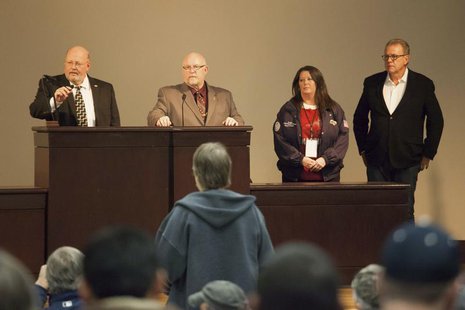 (L-R) Union leaders Mark Johnson, Tom Wroblewski, Susan Palmer and Rich Michalski announce the results of a union vote while speaking at the (L-R) Union leaders Mark Johnson, Tom Wroblewski, Susan Palmer and Rich Michalski announce the results of a union vote while speaking at the