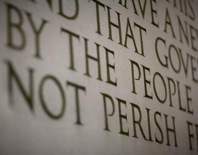 A line from Abraham Lincoln's "Gettysburg Address" is displayed at the Lincoln Memorial ahead of celebrations commemorating the 200th annive A line from Abraham Lincoln's "Gettysburg Address" is displayed at the Lincoln Memorial ahead of celebrations commemorating the 200th annive