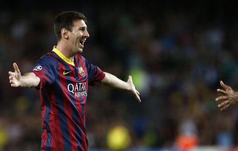 Barcelona's Lionel Messi celebrates scoring a goal against Ajax during their Champions League soccer match at Camp Nou stadium in Barcelona Barcelona's Lionel Messi celebrates scoring a goal against Ajax during their Champions League soccer match at Camp Nou stadium in Barcelona