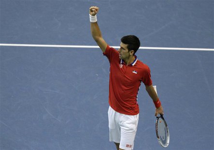 Serbia's Novak Djokovic celebrates a point against Czech Republic's Radek Stepanek during their Davis Cup World Group final tennis match in Serbia's Novak Djokovic celebrates a point against Czech Republic's Radek Stepanek during their Davis Cup World Group final tennis match in