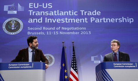 European Union chief negotiator Ignacio Garcia Bercero and U.S. chief negotiator Dan Mullaney (R) address a joint news conference during the European Union chief negotiator Ignacio Garcia Bercero and U.S. chief negotiator Dan Mullaney (R) address a joint news conference during the
