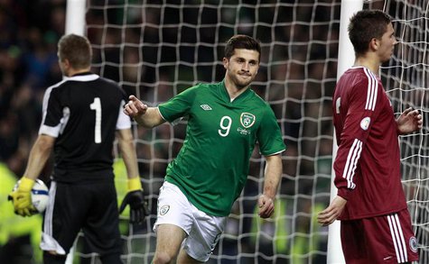 Ireland's Shane Long (C) celebrates after scoring against Latvia during their international friendly soccer match at the Aviva Stadium in Du Ireland's Shane Long (C) celebrates after scoring against Latvia during their international friendly soccer match at the Aviva Stadium in Du