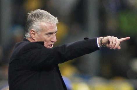 France's coach Didier Deschamps gestures during the 2014 World Cup qualifying first leg playoff soccer match against Ukraine at the Olympic France's coach Didier Deschamps gestures during the 2014 World Cup qualifying first leg playoff soccer match against Ukraine at the Olympic