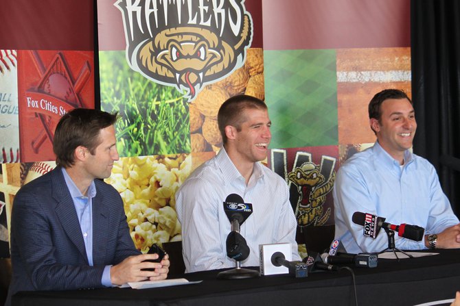 Jordy Nelson at the announcement of the Jordy Nelson Charity Softball Game set for June 8 at Fox Cities Stadium in Appleton featuring the Packers offense vs. defense