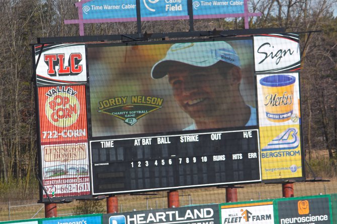Jordy Nelson at the announcement of the Jordy Nelson Charity Softball Game set for June 8 at Fox Cities Stadium in Appleton featuring the Packers offense vs. defense