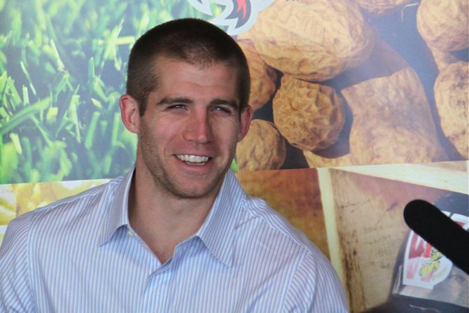 Jordy Nelson at the announcement of the Jordy Nelson Charity Softball Game set for June 8 at Fox Cities Stadium in Appleton featuring the Packers offense vs. defense