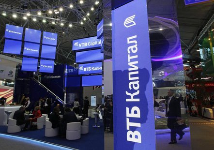 A booth from Russian state-controlled bank VTB is seen during the St. Petersburg International Economic Forum, June 20, 2013. REUTERS/Alexan A booth from Russian state-controlled bank VTB is seen during the St. Petersburg International Economic Forum, June 20, 2013. REUTERS/Alexan