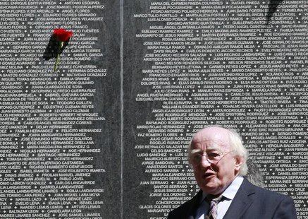 Ireland's President Michael D. Higgins stands in front of a monument for people who disappeared during the Salvadoran Civil War, in Cuscatla Ireland's President Michael D. Higgins stands in front of a monument for people who disappeared during the Salvadoran Civil War, in Cuscatla