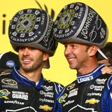 Nov 17, 2013; Homestead, FL, USA; NASCAR Sprint Cup Series driver Jimmie Johnson (left) celebrates with crew chief Chad Knaus after winning Nov 17, 2013; Homestead, FL, USA; NASCAR Sprint Cup Series driver Jimmie Johnson (left) celebrates with crew chief Chad Knaus after winning