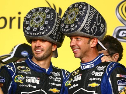 Nov 17, 2013; Homestead, FL, USA; NASCAR Sprint Cup Series driver Jimmie Johnson (left) celebrates with crew chief Chad Knaus after winning Nov 17, 2013; Homestead, FL, USA; NASCAR Sprint Cup Series driver Jimmie Johnson (left) celebrates with crew chief Chad Knaus after winning