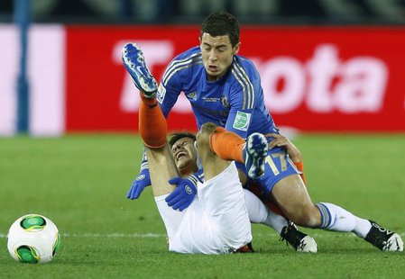 Eden Hazard (R) of Britain's Chelsea and Jesus Corona of Mexico's Monterrey fight for the ball during their Club World Cup semi-final soccer Eden Hazard (R) of Britain's Chelsea and Jesus Corona of Mexico's Monterrey fight for the ball during their Club World Cup semi-final soccer