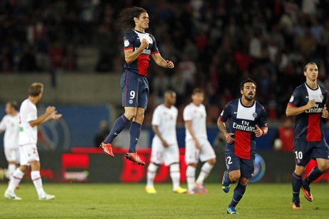 Paris Saint-Germain's Edinson Cavani (9) reacts after scoring a goal during his French Ligue 1 soccer match against Ajaccio at Parc des Prin Paris Saint-Germain's Edinson Cavani (9) reacts after scoring a goal during his French Ligue 1 soccer match against Ajaccio at Parc des Prin