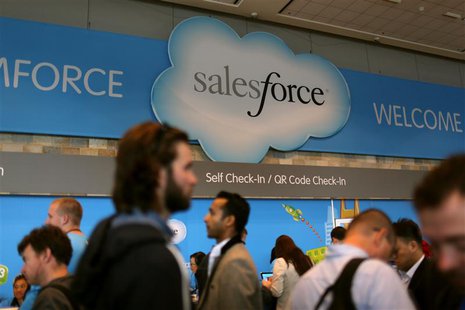 A Salesforce sign is seen as attendees make their way through Moscone Center during the company's annual Dreamforce event, in San Francisco, A Salesforce sign is seen as attendees make their way through Moscone Center during the company's annual Dreamforce event, in San Francisco,