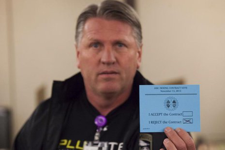 A union member displays his vote against the proposed contract during a union vote at the International Association of Machinists District 7 A union member displays his vote against the proposed contract during a union vote at the International Association of Machinists District 7