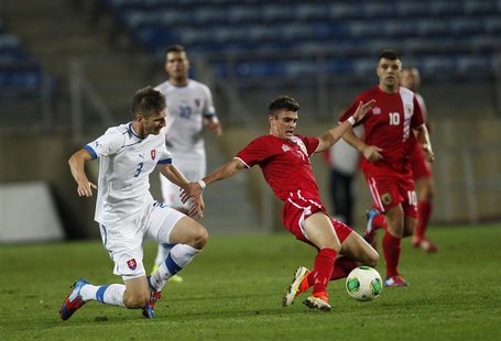Gibraltar's Jeremy Lopez (R) fights for the ball with Slovakia's Pavol Farkas during their international friendly soccer match at Algarve st Gibraltar's Jeremy Lopez (R) fights for the ball with Slovakia's Pavol Farkas during their international friendly soccer match at Algarve st