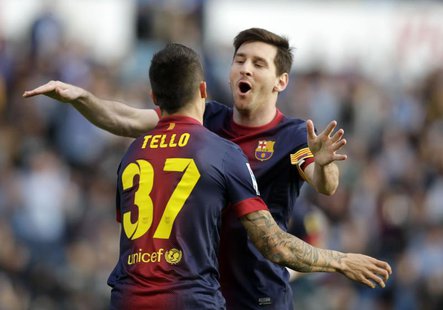 Barcelona's Cristian Tello (L) celebrates his goal against Celta Vigo with teammate Lionel Messi during their Spanish First Division soccer Barcelona's Cristian Tello (L) celebrates his goal against Celta Vigo with teammate Lionel Messi during their Spanish First Division soccer