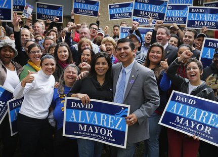 San Diego mayoral candidate and City Councilman David Alvarez and wife Xochitl (C) hold an election day rally before his campaign workers mo San Diego mayoral candidate and City Councilman David Alvarez and wife Xochitl (C) hold an election day rally before his campaign workers mo