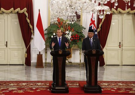 Australia's Prime Minister Tony Abbott speaks beside Indonesia's President Susilo Bambang Yudhoyono during a joint news conference at the Pr Australia's Prime Minister Tony Abbott speaks beside Indonesia's President Susilo Bambang Yudhoyono during a joint news conference at the Pr