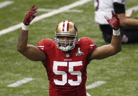 San Francisco 49ers outside linebacker Ahmad Brooks reacts after sacking Baltimore Ravens quarterback Joe Flacco during the third quarter in San Francisco 49ers outside linebacker Ahmad Brooks reacts after sacking Baltimore Ravens quarterback Joe Flacco during the third quarter in