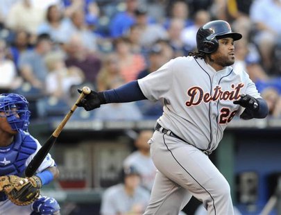 Detroit Tigers' Prince Fielder hits an RBI single against Kansas City Royals starting pitcher Danny Duffy in the first inning of their MLB A Detroit Tigers' Prince Fielder hits an RBI single against Kansas City Royals starting pitcher Danny Duffy in the first inning of their MLB A