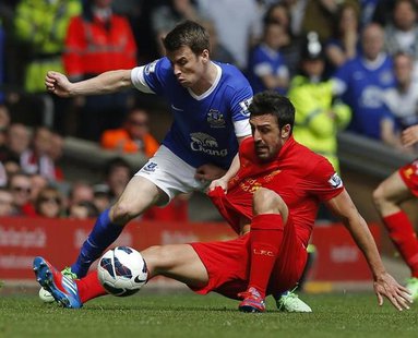 Everton's Seamus Coleman (L) challenges Liverpool's Jose Enrique during their English Premier League soccer match at Anfield in Liverpool, n Everton's Seamus Coleman (L) challenges Liverpool's Jose Enrique during their English Premier League soccer match at Anfield in Liverpool, n