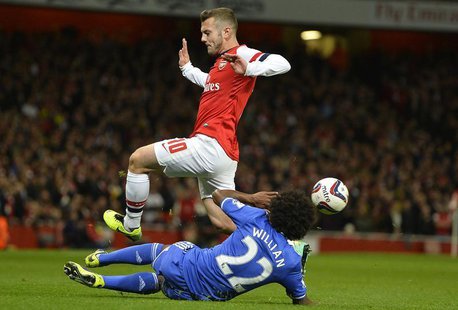 Arsenal's Jack Wilshere (top) is challenged by Chelsea's Willian during their English League Cup fourth round soccer match at Emirates Stadi Arsenal's Jack Wilshere (top) is challenged by Chelsea's Willian during their English League Cup fourth round soccer match at Emirates Stadi