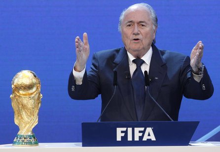 FIFA President Sepp Blatter gives a speech during the final presentation and the announcement of the host nations for the 2018 and 2022 FIFA FIFA President Sepp Blatter gives a speech during the final presentation and the announcement of the host nations for the 2018 and 2022 FIFA