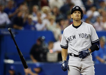 New York Yankees Alex Rodriguez strikes out against the Toronto Blue Jays during the eighth inning of their MLB American League baseball gam New York Yankees Alex Rodriguez strikes out against the Toronto Blue Jays during the eighth inning of their MLB American League baseball gam